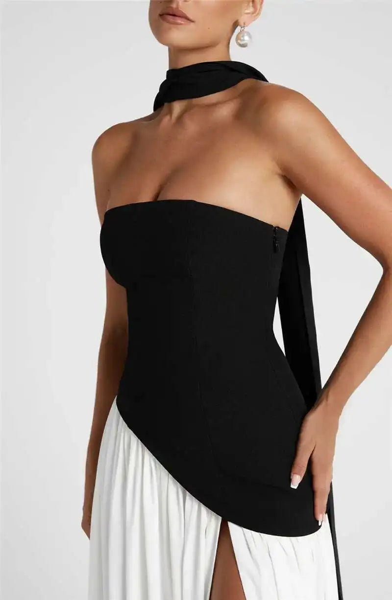 Elegant Off-Shoulder Evening Gown With Patchwork Pleats And Scarf Neck High Split Long Dress