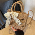 Lace Bow Straw Weave Crossbody Bag Summer Beach Style Small Bucket Elegant And Lightweight