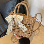 Lace Bow Straw Weave Crossbody Bag Summer Beach Style Small Bucket Elegant And Lightweight