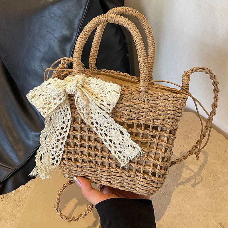 Lace Bow Straw Weave Crossbody Bag Summer Beach Style Small Bucket Elegant And Lightweight