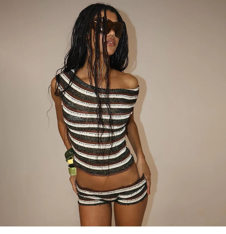 Striped Two Piece Crop Top And Shorts Set Summer Chic