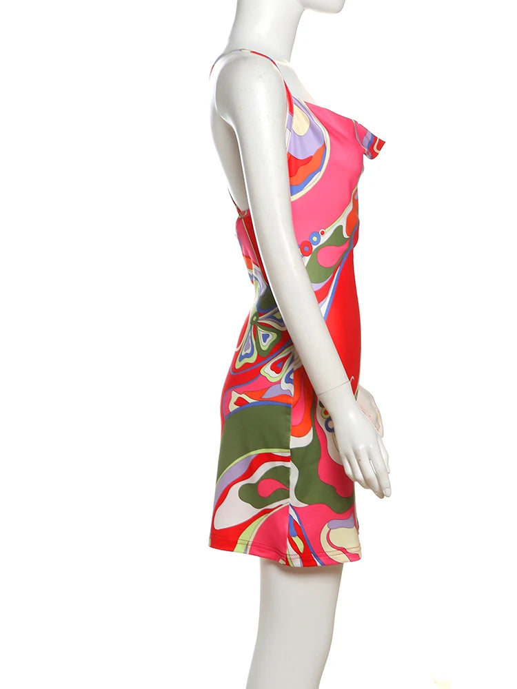 Colorful Print Backless Bodycon Mini Dress