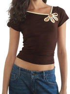 Nostalgic Streetwear Tee With Hollow Flower Cutout Slim Fit Half Sleeve For Women