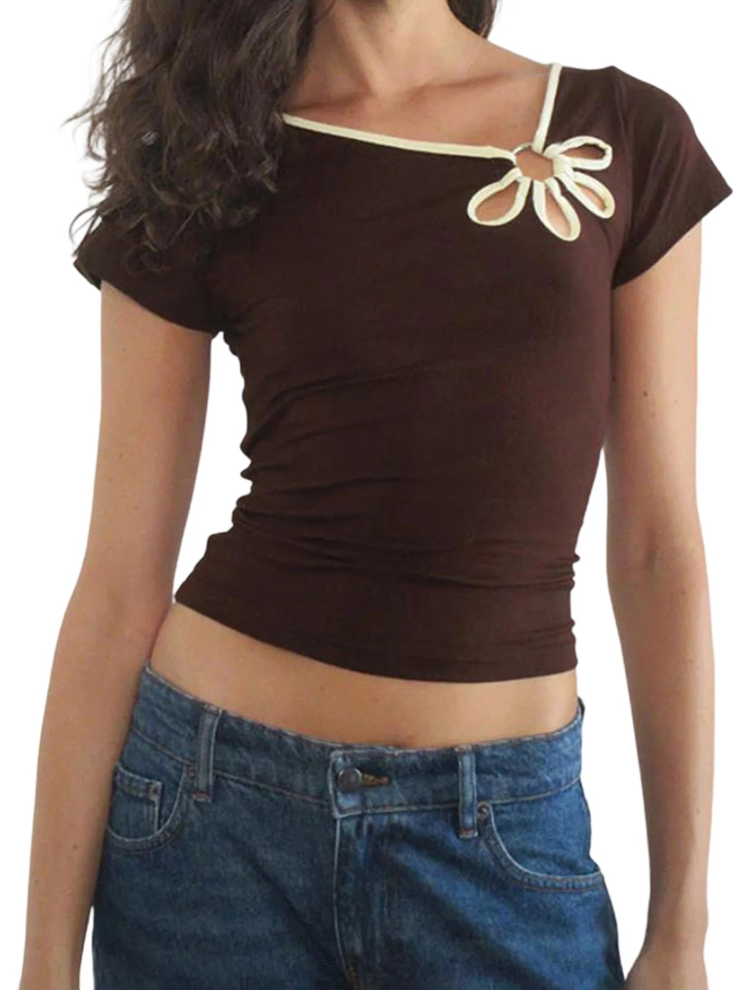 Nostalgic Streetwear Tee With Hollow Flower Cutout Slim Fit Half Sleeve For Women