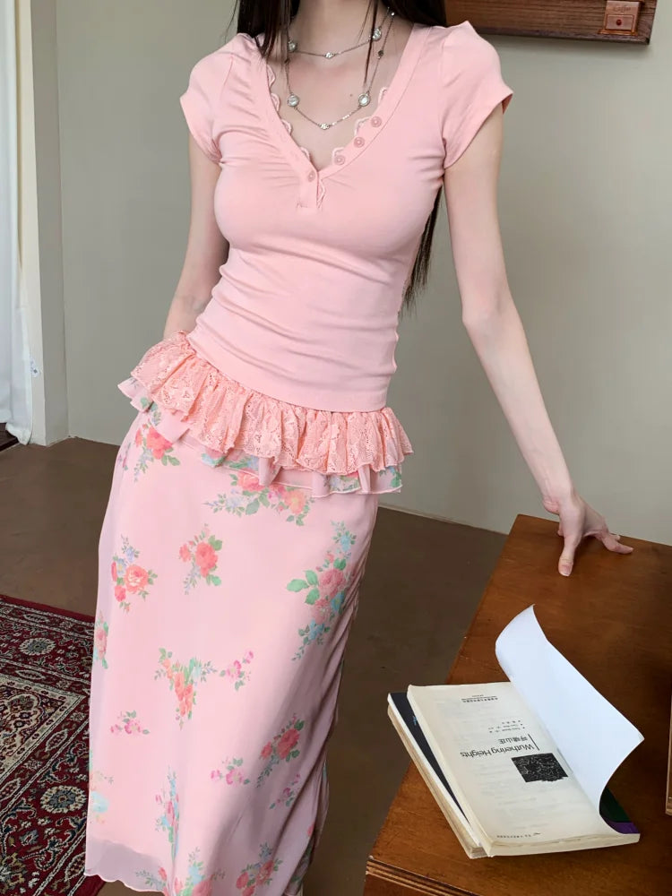 Floral Lace Peplum Midi Skirt