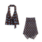 Blue Polka Dot Two Piece Set With Halter Top And Midi Skirt