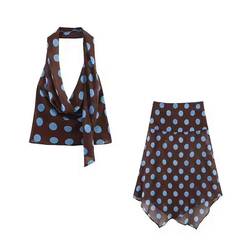 Blue Polka Dot Two Piece Set With Halter Top And Midi Skirt