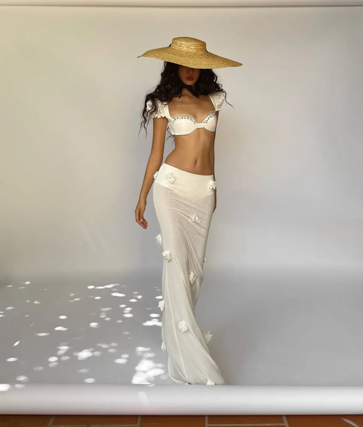 Honey Vacation Outfit Pure Desire White 3D Flower Embroidery Long Dress Set