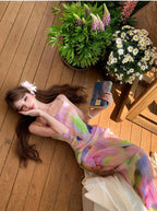 Pink Tie Dye Spaghetti Strap Maxi Dress For Beach Vacation Pleated Sleeveless Elegant Bodycon