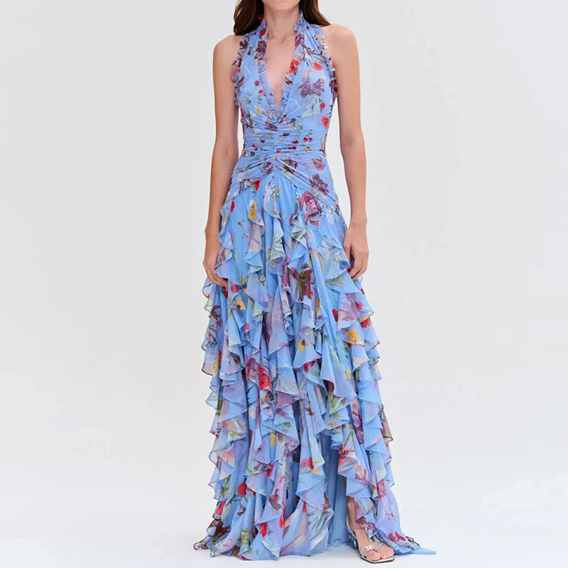 Elegant Patterned Dress With Lace Up Halter Neck Slim Long Silhouette And Ruffle Detail