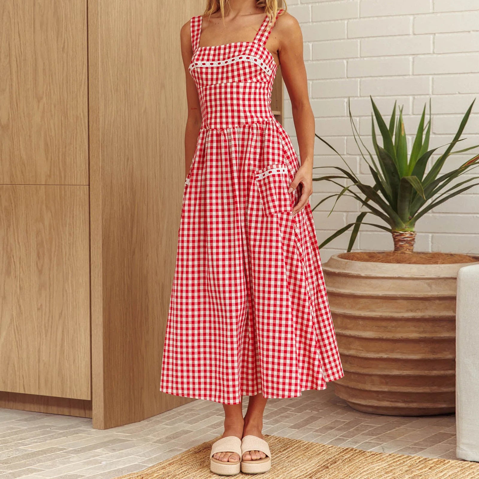 Gingham Maxi Dress With Wide Straps For Cottagecore Summer