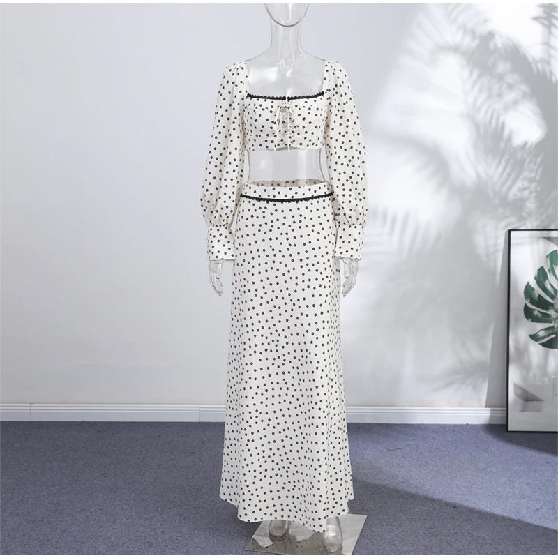Polka Dot Square Collar Crop Top And High Waist Maxi Skirt Set Outfit