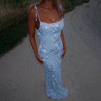 Women Thin Shoulder Straps Tied Long Cami Dress Sleeveless Low Cut Tie Up Flower Embroidery Mermaid Sundress