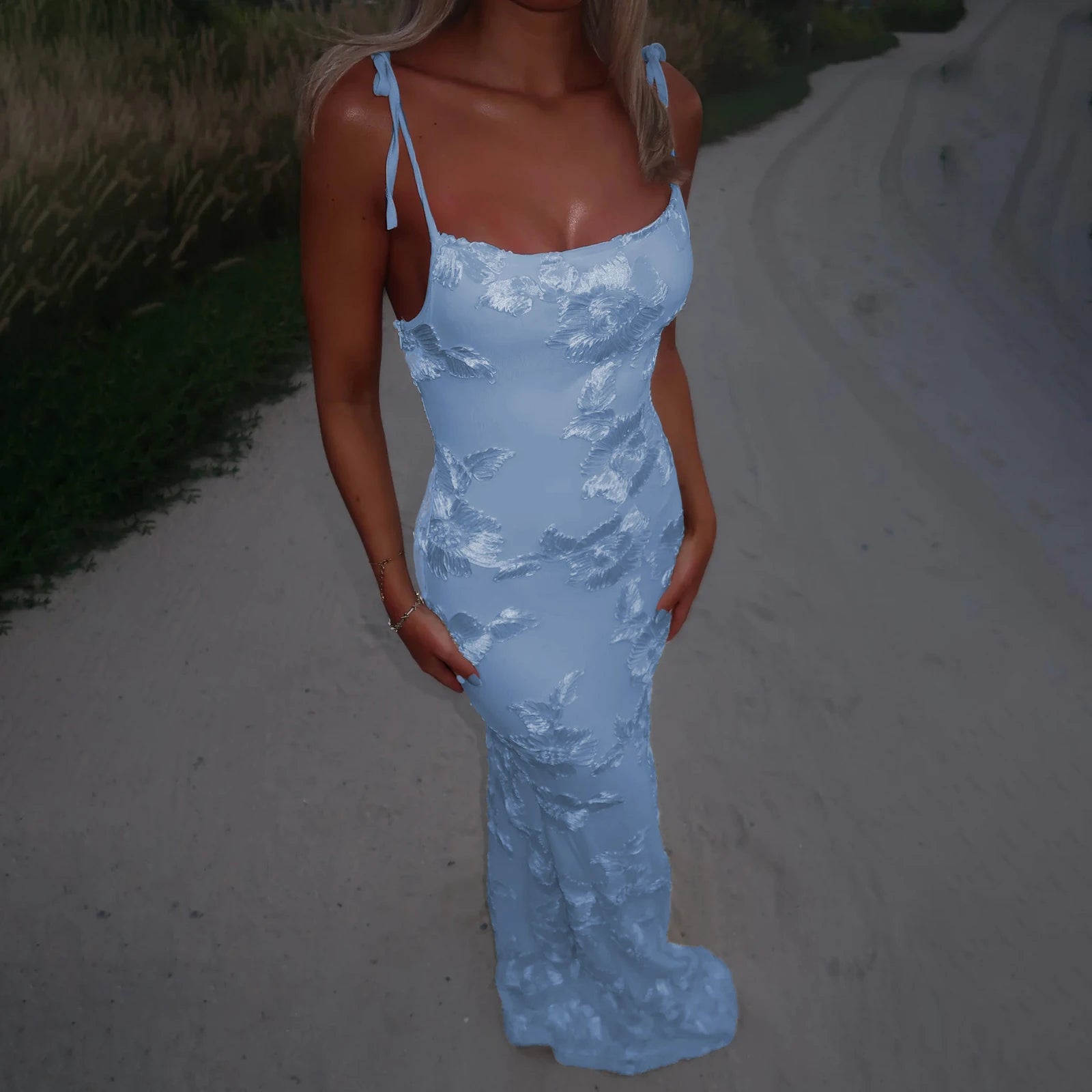 Women Thin Shoulder Straps Tied Long Cami Dress Sleeveless Low Cut Tie Up Flower Embroidery Mermaid Sundress