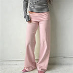 Soft Wide Leg Trousers With Fold Over Waist Solid Color Casual Bottoms