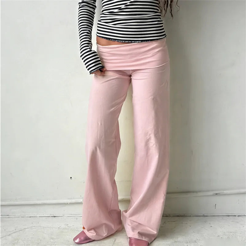 Soft Wide Leg Trousers With Fold Over Waist Solid Color Casual Bottoms