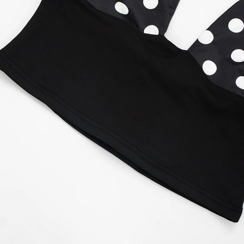 Patchwork Polka Dot Print Two Piece Set With Backless Halter Crop Top And Pleated Waist Capri Pants