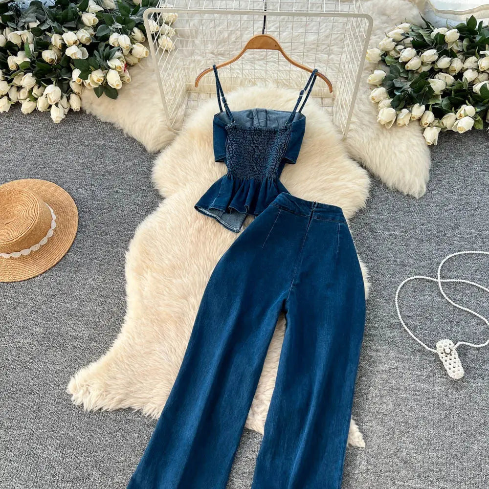 Denim Inspired Two Piece Set Strapless Top And High Waist Wide Leg Pants With Zipper