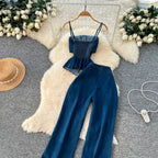 Denim Inspired Two Piece Set Strapless Top And High Waist Wide Leg Pants With Zipper