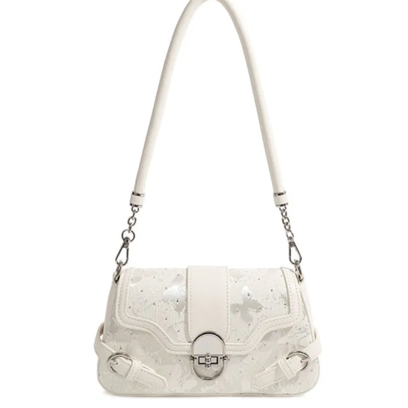 Whimsical Fairycore White Shoulder Bag With Butterfly Print Dreamy Harajuku Style Purse