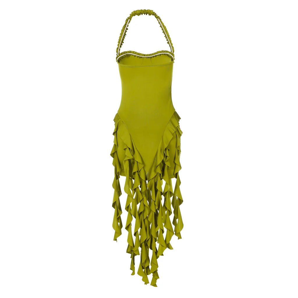 Elegant Halter Backless Ruffles Mini Dress Slim Fit With Tassel Detail