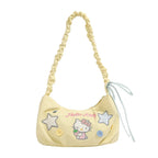 Bright Strawberry Daydream Shoulder Bag With Yellow Nylon And Blue Grid Star Detail
