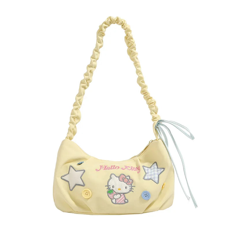 Bright Strawberry Daydream Shoulder Bag With Yellow Nylon And Blue Grid Star Detail
