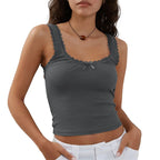 Coquette Lace Trim Knit Crop Top With Bow Sleeveless Square Collar