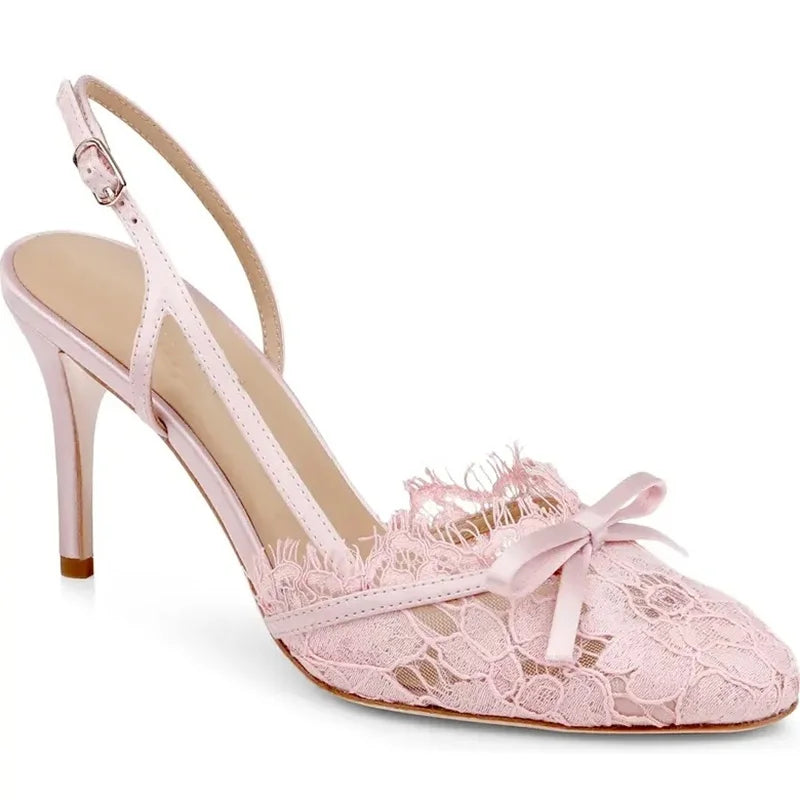 Butterfly Knot Lace Shingback Sandals With Buckle Strap Pointed Toe Slim Heels