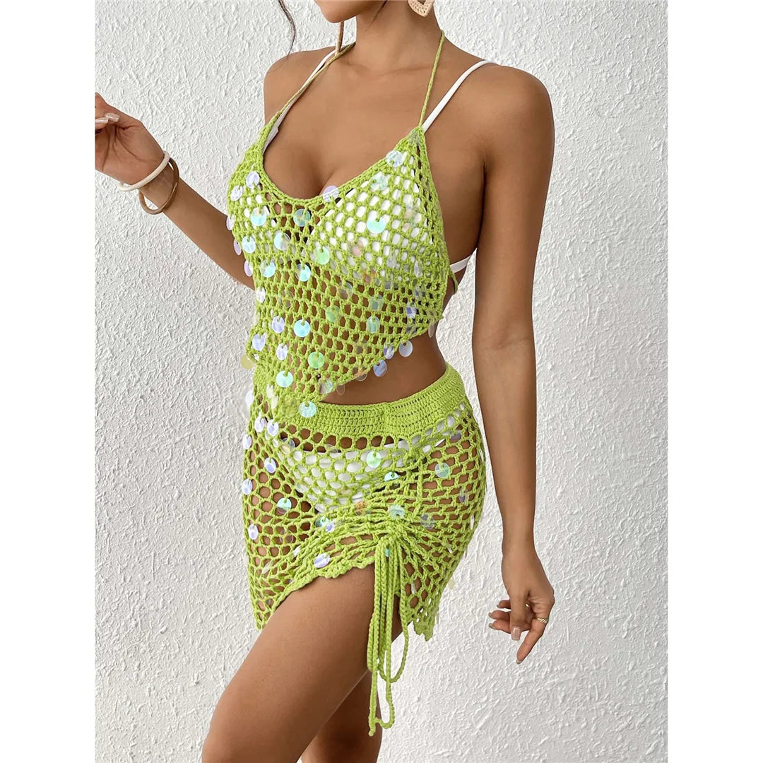 Hollow Out Skirt Crochet Knitted 2 Pieces Suits Cover Up