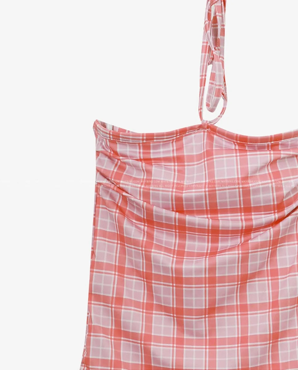 Plaid Push Up Backless One Piece Swimsuit
