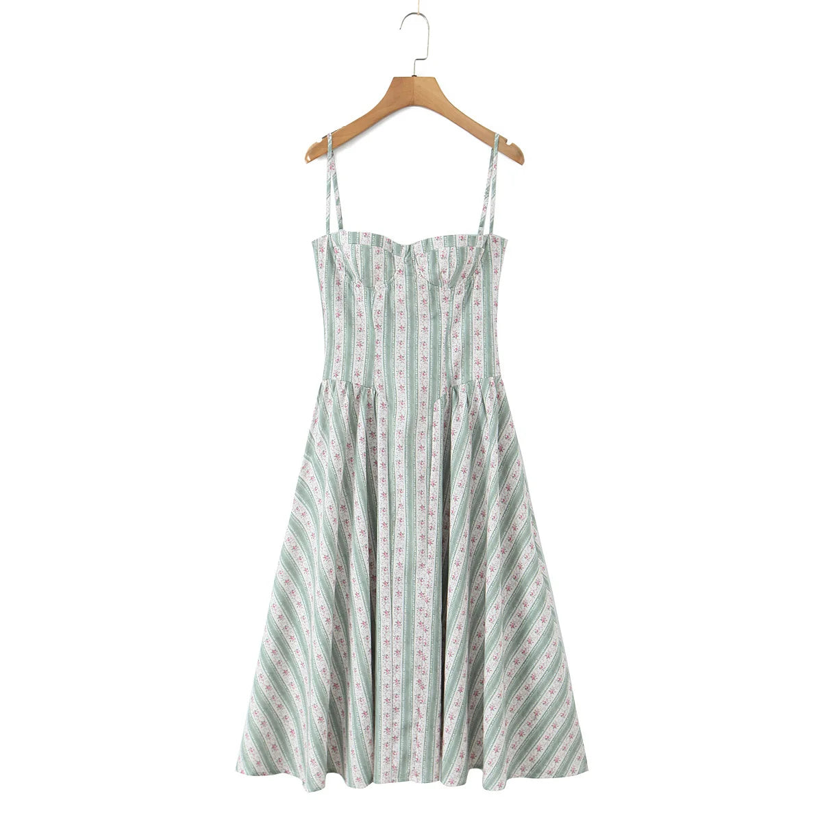 Spaghetti Strap Striped Floral Midi Dress For Women Elegant A Line