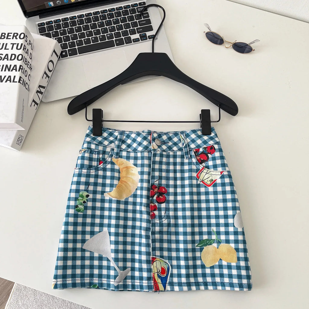 Retro Fruit Plaid Mini Skirt With Button Detail A Line
