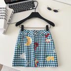 Retro Fruit Plaid Mini Skirt With Button Detail A Line