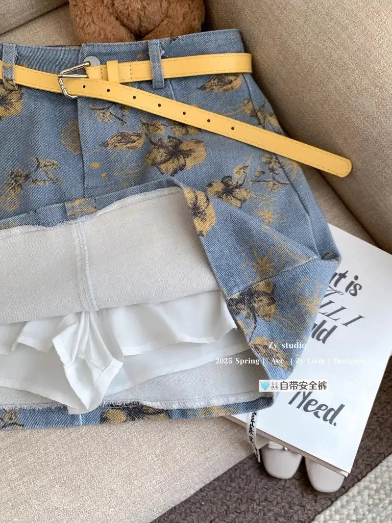Retro Tie-Dye Denim A-Line Skirt With High Waist