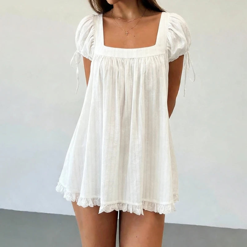 Vintage Puff Sleeve Women Square Neck A-line Mini Ruffled Fairy Flowy Short Dress
