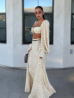 Polka Dot Square Collar Crop Top And High Waist Maxi Skirt Set Outfit