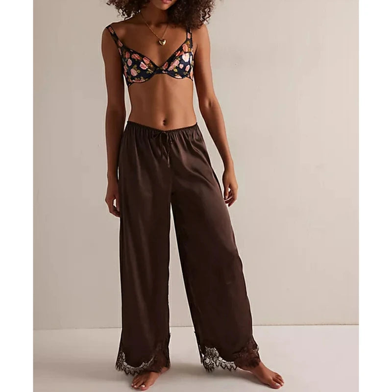 Satin Silk Pajamas Set Floral Lace Trim Tie Front Split Camisole Tops+ Straight Leg Pants 2Pcs Sleepwear