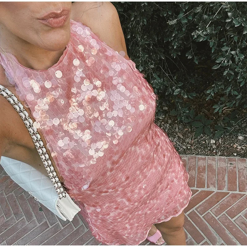 Glam Sequin Halter Mini Dress Backless Party Gown