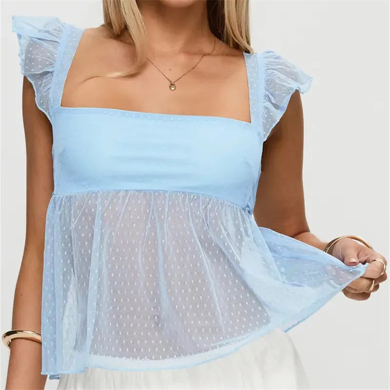 Women Square Neck Ruffle Strap Top Sheer Dots Mesh Peplum Blouse With Back Bow Tie