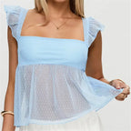 Women Square Neck Ruffle Strap Top Sheer Dots Mesh Peplum Blouse With Back Bow Tie