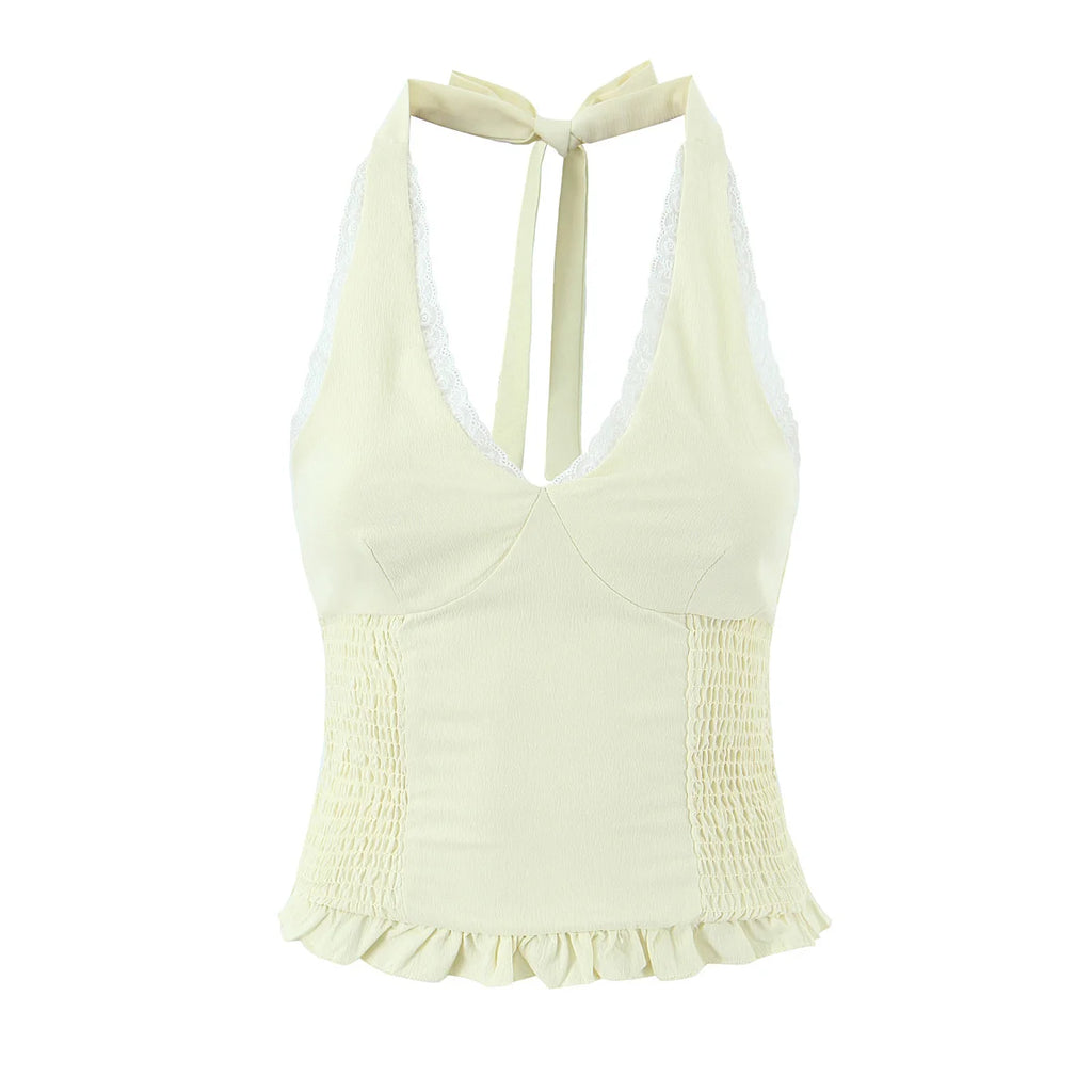 Sweet Girl Sexy Backless Halter White Lace Trim Fitted Crop Top