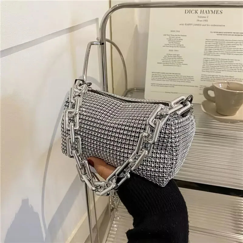 Mini Crossbody Rhinestone Bucket Bag With Glitter Chain Purse