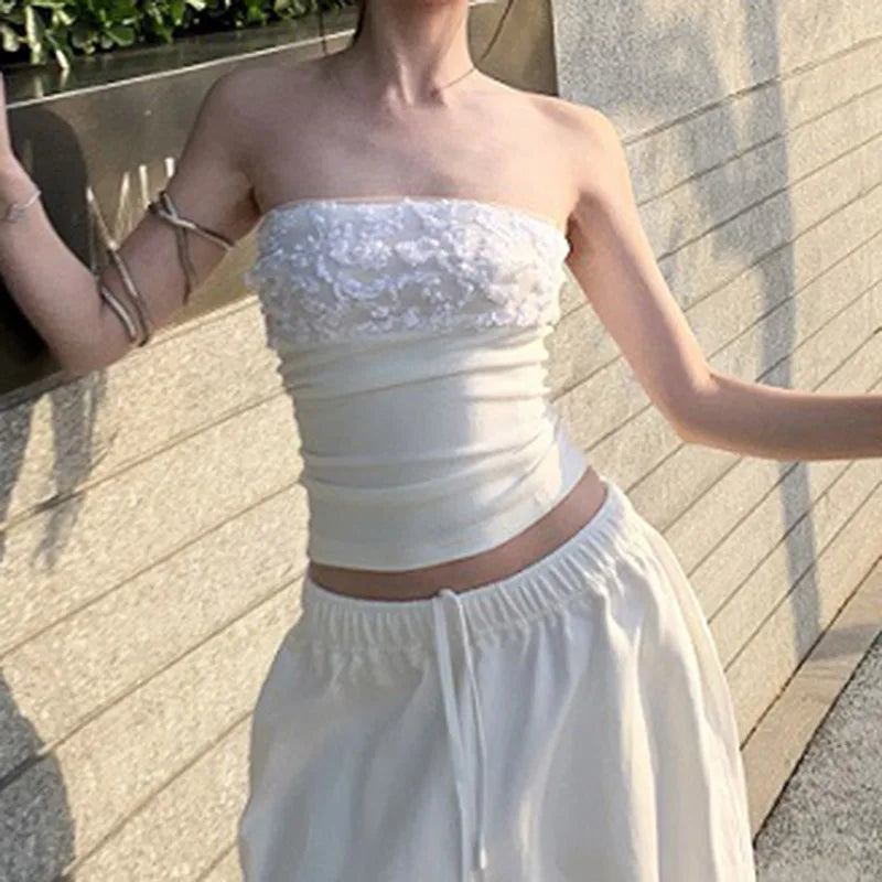Fairycore White Tube Top With Backless Patchwork Bandeau