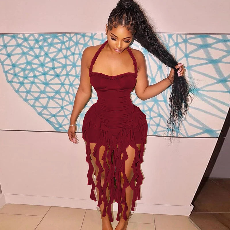 Elegant Halter Backless Ruffles Mini Dress Slim Fit With Tassel Detail