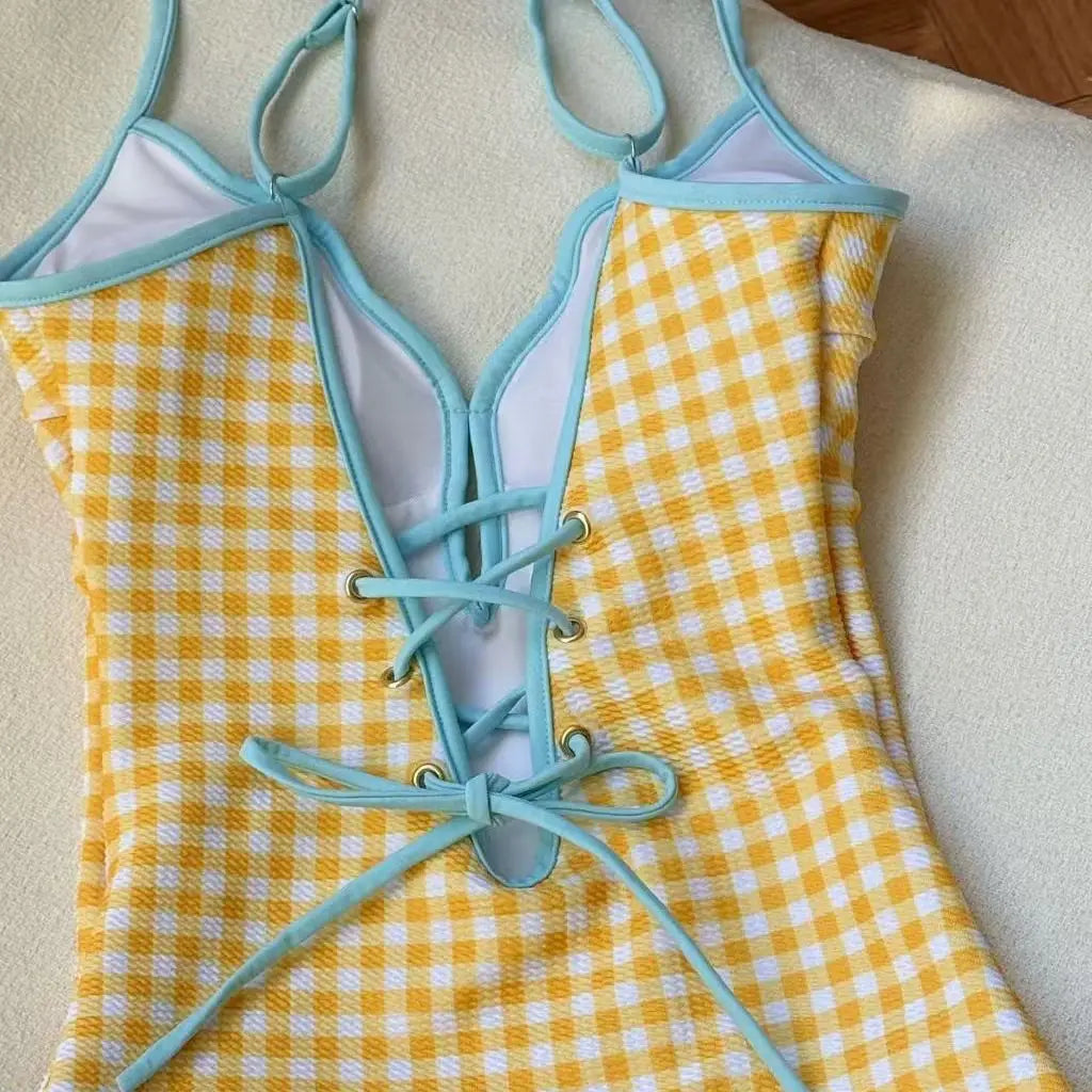 Sunny Gingham Spaghetti Strap V Neck One Piece Swimsuit With Lace Up Detailing And Light Blue Cover Up Skirt