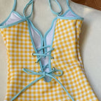 Sunny Gingham Spaghetti Strap V Neck One Piece Swimsuit With Lace Up Detailing And Light Blue Cover Up Skirt