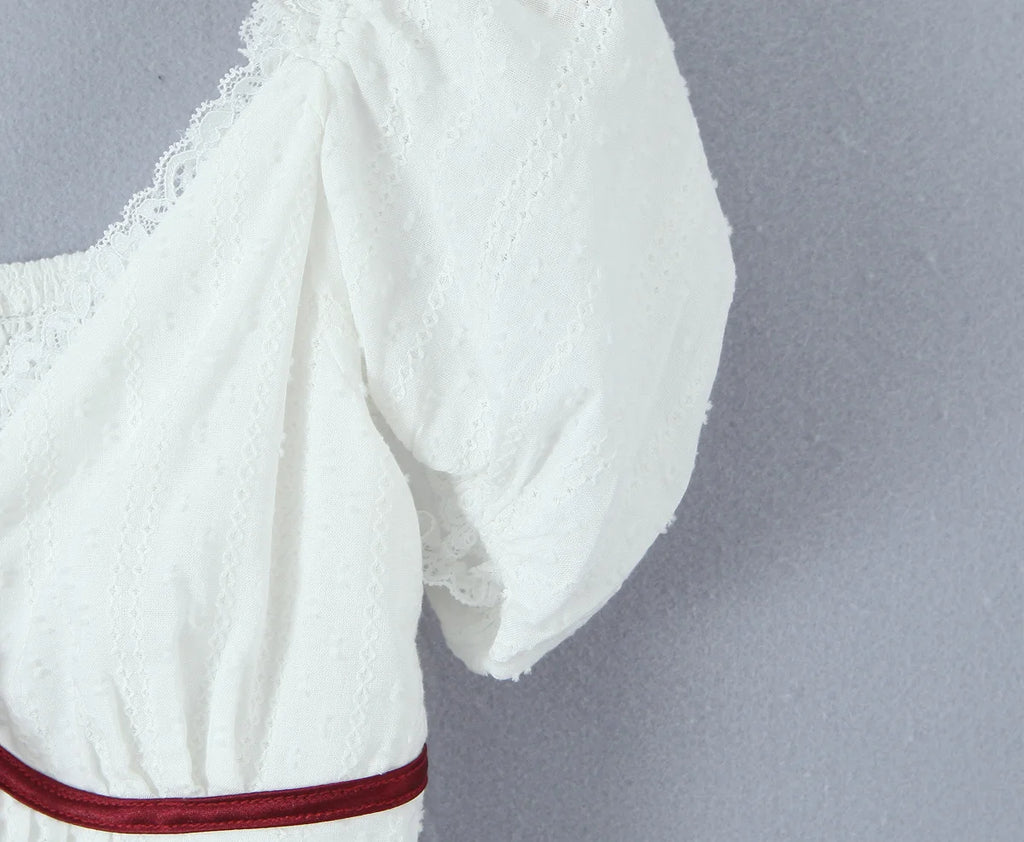 White Bow Detail Puff Sleeve V Neck Top With Vintage Charm And Flirty Slim Silhouette
