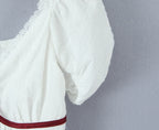 White Bow Detail Puff Sleeve V Neck Top With Vintage Charm And Flirty Slim Silhouette