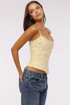 Sunny Floral Corset Top With Spaghetti Straps And Backless Lace Up Details